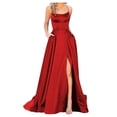 thumbnail image 5 of Quixlent Evening Dress Spaghetti Strap High Slit Off Shoulder Backless Sleeveless Side Pockets A-line Floor Length Satin Pure Color Prom Banquet Party Maxi Dress, 5 of 8