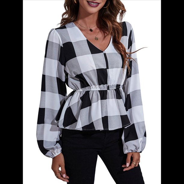 Top de Larga para Mujer, Jersey Fino, Cuello en V, Abullonada, Babydoll, Ligero, de Poliéster Cuadrícula Grande L