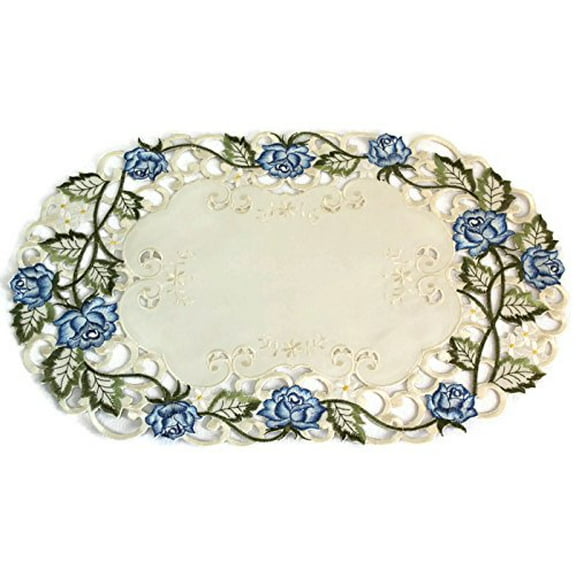 Doily Boutique Placemat or Doily Embroidered with Blue Roses on Ivory Fabric, Size 27 x 13 inches