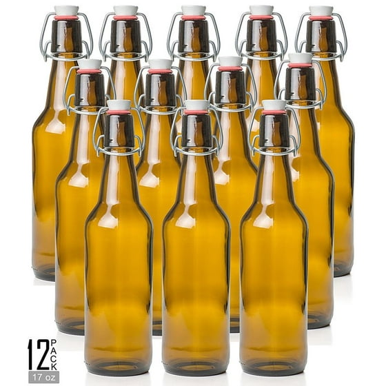 Estilo Swing Top Easy Cap Glass Beer Bottles, Amber, 16 oz, Set of 12