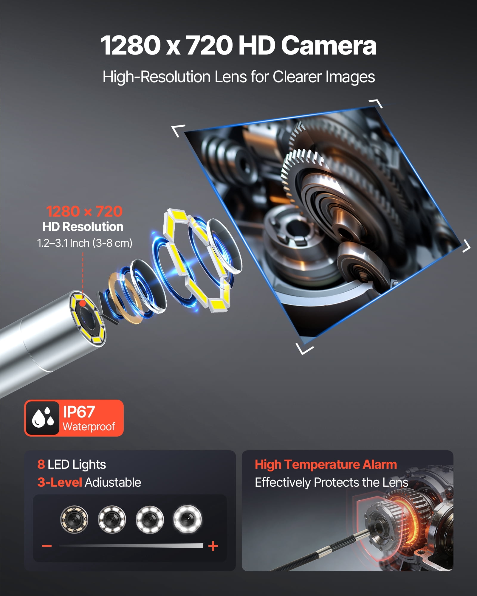 VEVOR Articulating Borescope Camera with Light, Two-Way Articulated Endoscope, 0.24" Slim Lens, 4.3" IPS Screen, 8X Zoom, IP67 Waterproof Inspection Camera for Auto, Mechanical Equipment(4.9FT Cable)