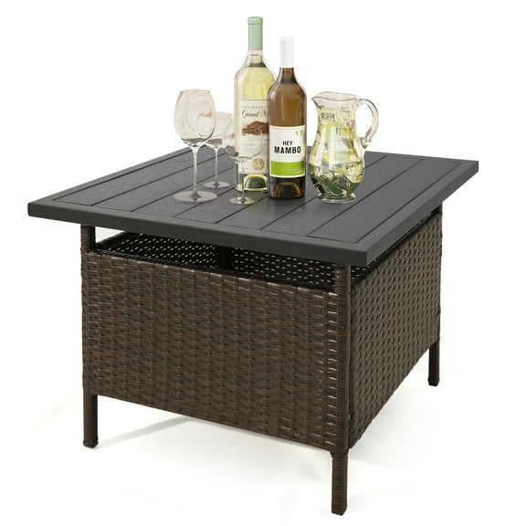 BLACK JAGUAR Outdoor Wicker Table Rattan Coffee Table w/ Umbrella Insert Hole PE Tabletop & Sturdy Metal Frame