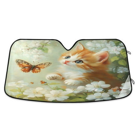 Car Sun Visor 55*27.6inch Windshield Sun Shield Car Sun Curtain Car Sun Shield Car Sun Insulation Suitable For Most Vehicles Cat and White Flowers