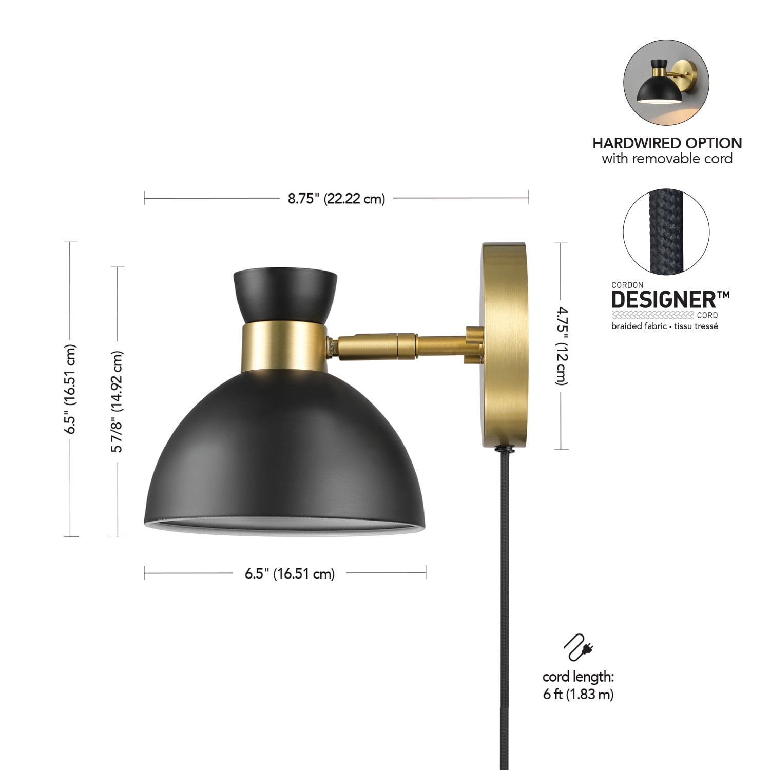 Globe Electric 1-Light Matte Brass Plug-in or Hardwire Indoor Wall Sconce with Pivoting Shade