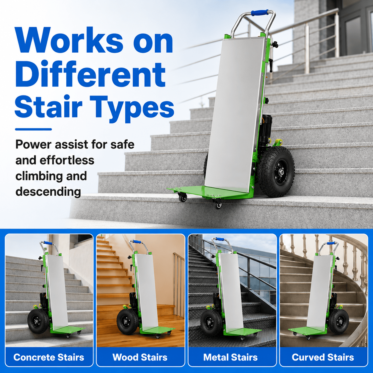 Green Hand Trucks - 880lbs Capacity Electric Stair Hand Trucks 1200W Heavy Duty Stair Climber Trolley with Safety Rope and Solid Wheel for Moving Furni ture Logistics Warehous
