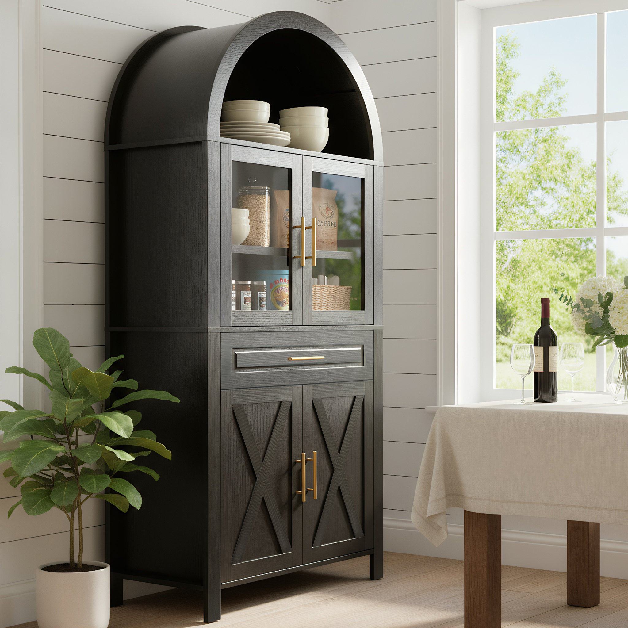 Mintazer Arched Farmhouse Kitchen Pantry Cabinet with Glass Doors, 71" Tall Freestanding Storage with Adjustable Shelves & Drawer for Kitchen Living Room Dining Room, Black