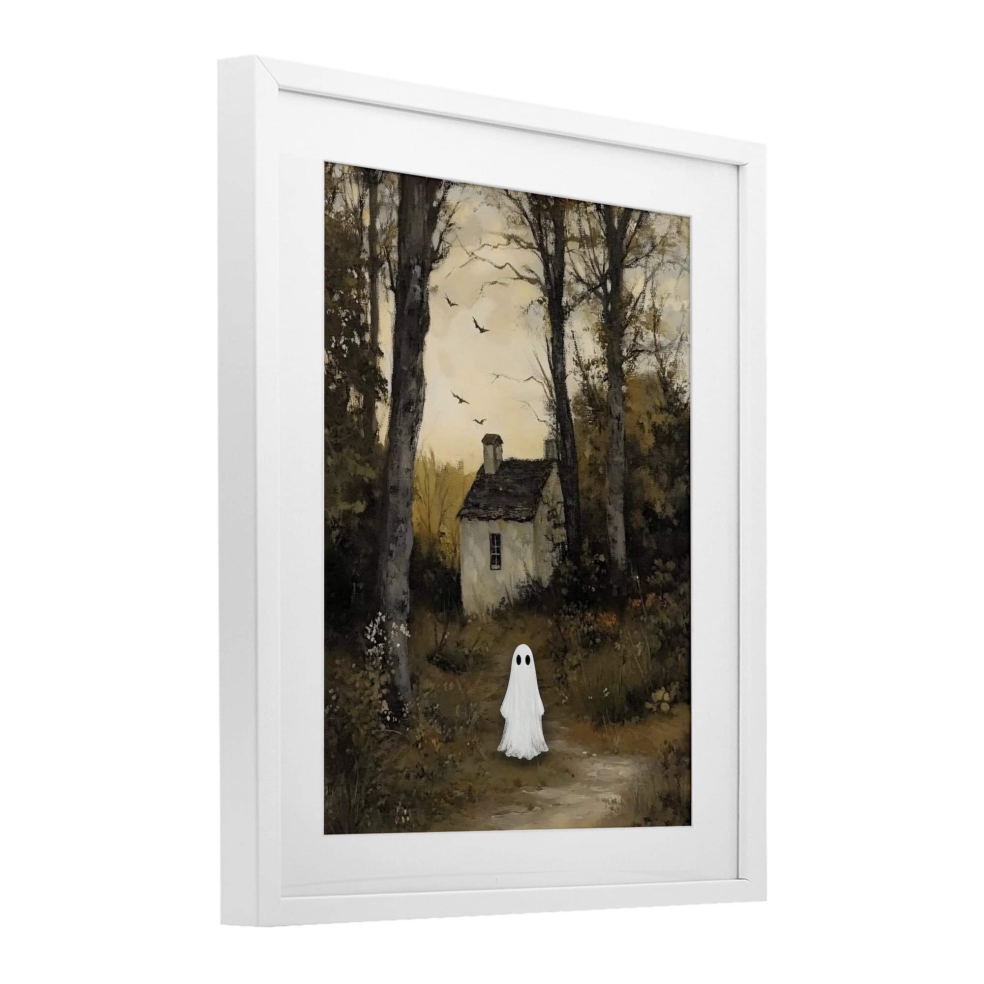 Little Ghost in Cottage Forest White Framed Print Under Glass, design by Arlington Prints
