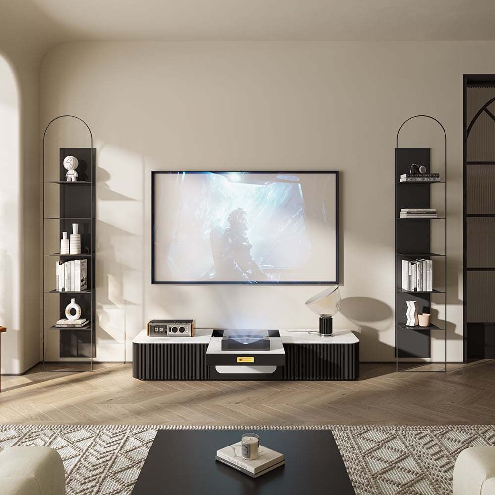 POVISON 62"Modern TV Stand for Projector, Sintered Stone TV Cabinet with Drawers for Home Theater, Oak Veneer MDF, Black & White Media Console
