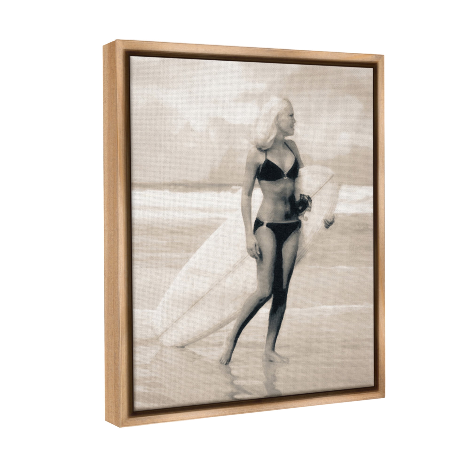 Stupell Industries Surfing Woman on Shore Sports Painting Brown Floater Framed Canvas Art Print Wall Art, 17 x 21