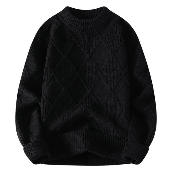 Mens Sweater Crewneck Long Sleeve Pull on Casual Loose Fit Rib Cable Knitted Fall Pullover Sweaters Plain Solid Color Comfy Soft Baggy Streetwear Fashion Jumpers, Black (Large)