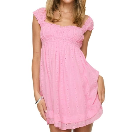 Juaugusep Women Eyelet Dress Ruffle Lace Strap Square Neck High Waist Babydoll Short Dress