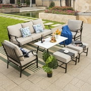 MF Studio 7-Seat Patio Conversation Set Metal Outdoor Furniture Sofa Set for 7 Person Beige