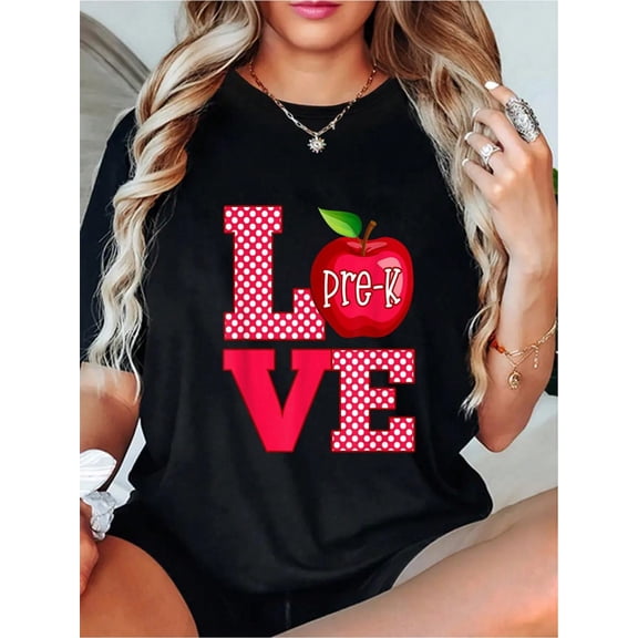 100% Cotton Love Pre-K Cute Preschool Teacher Gift T-Shirt - Casual Short Sleeve Round Neck Top, Teacher Shirts Plus Size, Shirt