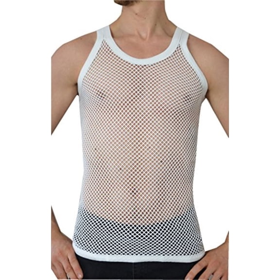 Pendeen Men's Premium 100% Cotton Mesh Tank Top, White (Large)