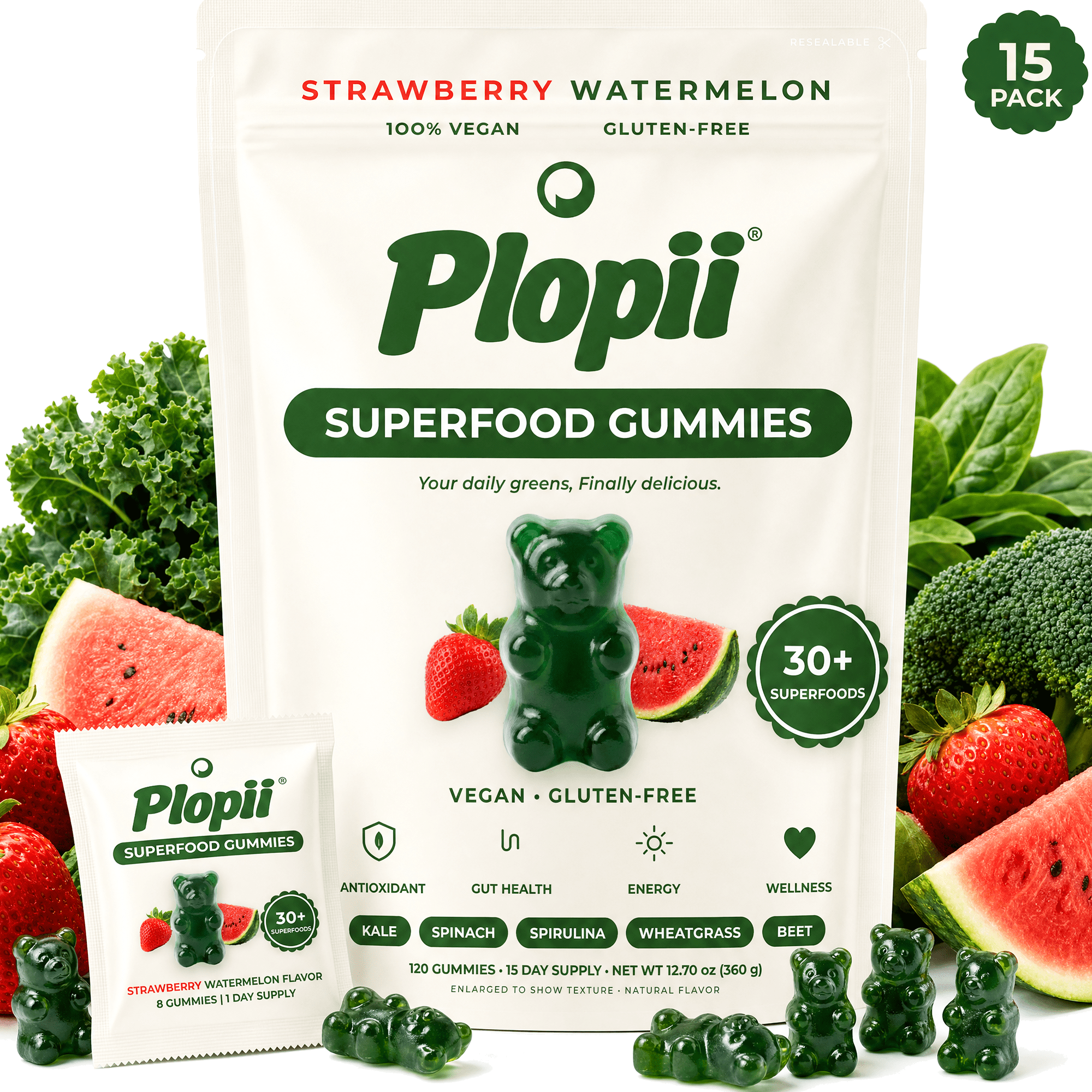 Plopii Superfood Gummies, Vegan Super Greens Multivitamin Gummies for Adults, 8700mg Fruit and Veggie Blend with Spirulina, Kale, Beet, Prebiotic Fiber, Gluten Free, Strawberry Watermelon, 120 Count