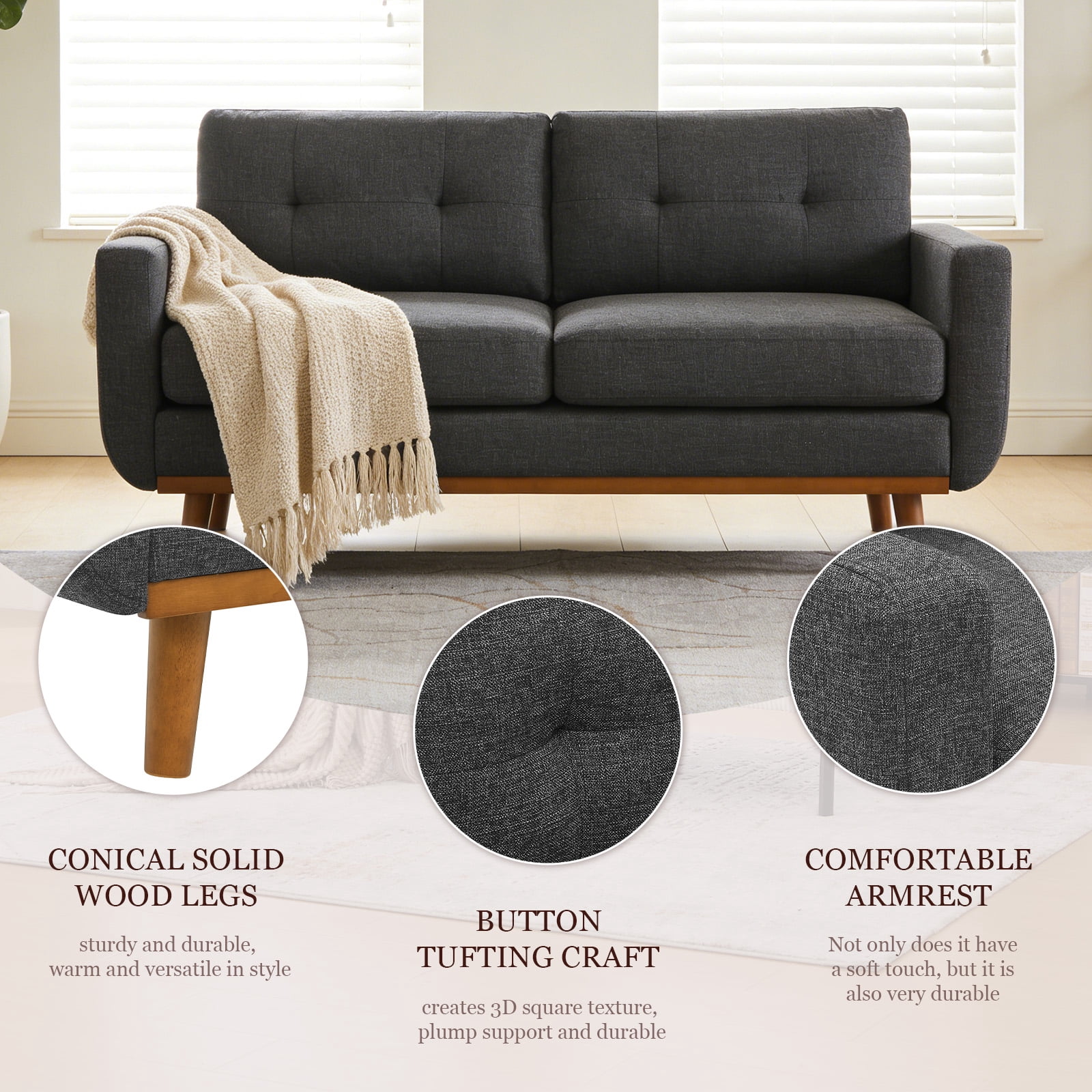 MOONMISS 67" Velvet Loveseat Couch, Modern Small Sofa With Walnut Wood Legs 2-seater Fabric Upholstered Mini Sofa Couches For Small Space,living Room Bedroom Office Dorm Apartment,Dark Gray