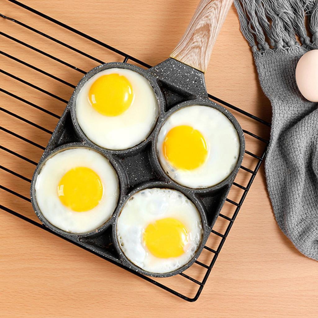 WE-POLUJ 4 Holes Egg Frying Pan Breakfast Burger Steak Non Stick Cooker with Wood Handle