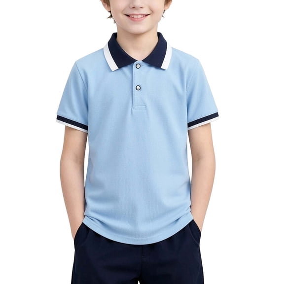 hoksml Boys Short Sleeve Collared Shirt, Color Contrast Collar Casual Tee for Back to School Uniform Daily Wear, Soft Cotton in Multiple Tones