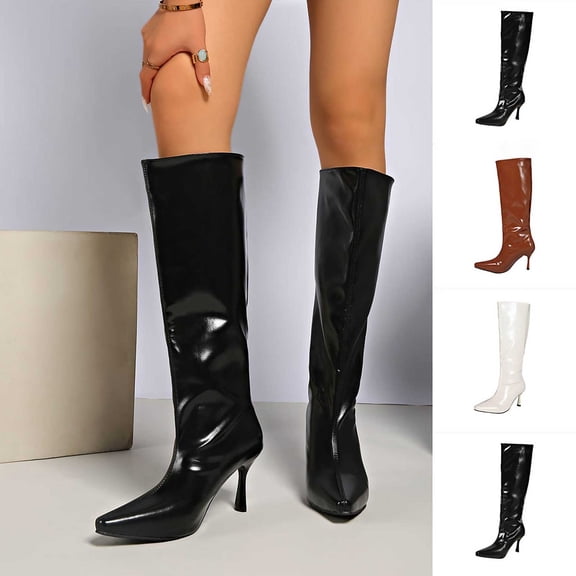 Taqqpue Women's Boots, Women's Fashionable Casual Mid-Calf Boots Solid Color Pointed Toe On Heel Boots for Women