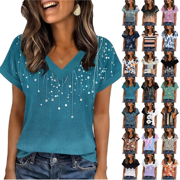 JTZGDY Cute Womens Tops Fashion V Neck Summer Short Sleeve Floral Pattern Graphic T-Shirts Loose Fit Casual Tunic Blouses Black#02 XXL