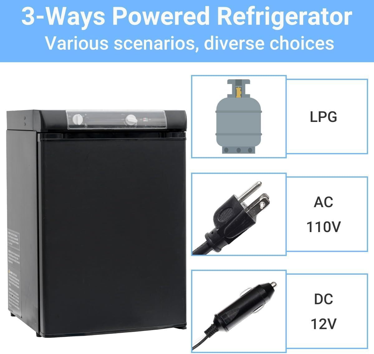 Smad 3-Way Propane Refrigerator 1.4 Cu ft 3 Way Caravan RV Camper Gas Fridge 110V LPG