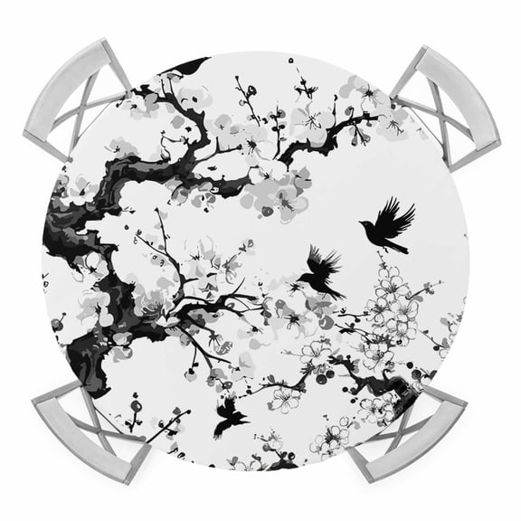 Elastic Fitted Round Tablecloth, Chinese Painting Waterproof Stretch Table Cover for 55"-60" Tables, Traditional Culture Cool Bird Tree Branch Washable Outdoor Tablecloths for Patio, Picnic, Camping