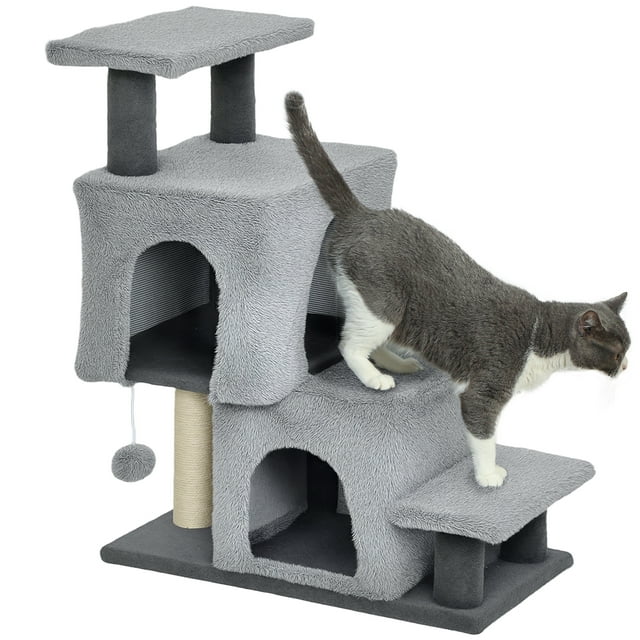 PawHut Cat Stairs, 4-Step Pet Stairs with Scratching Posts, Grey