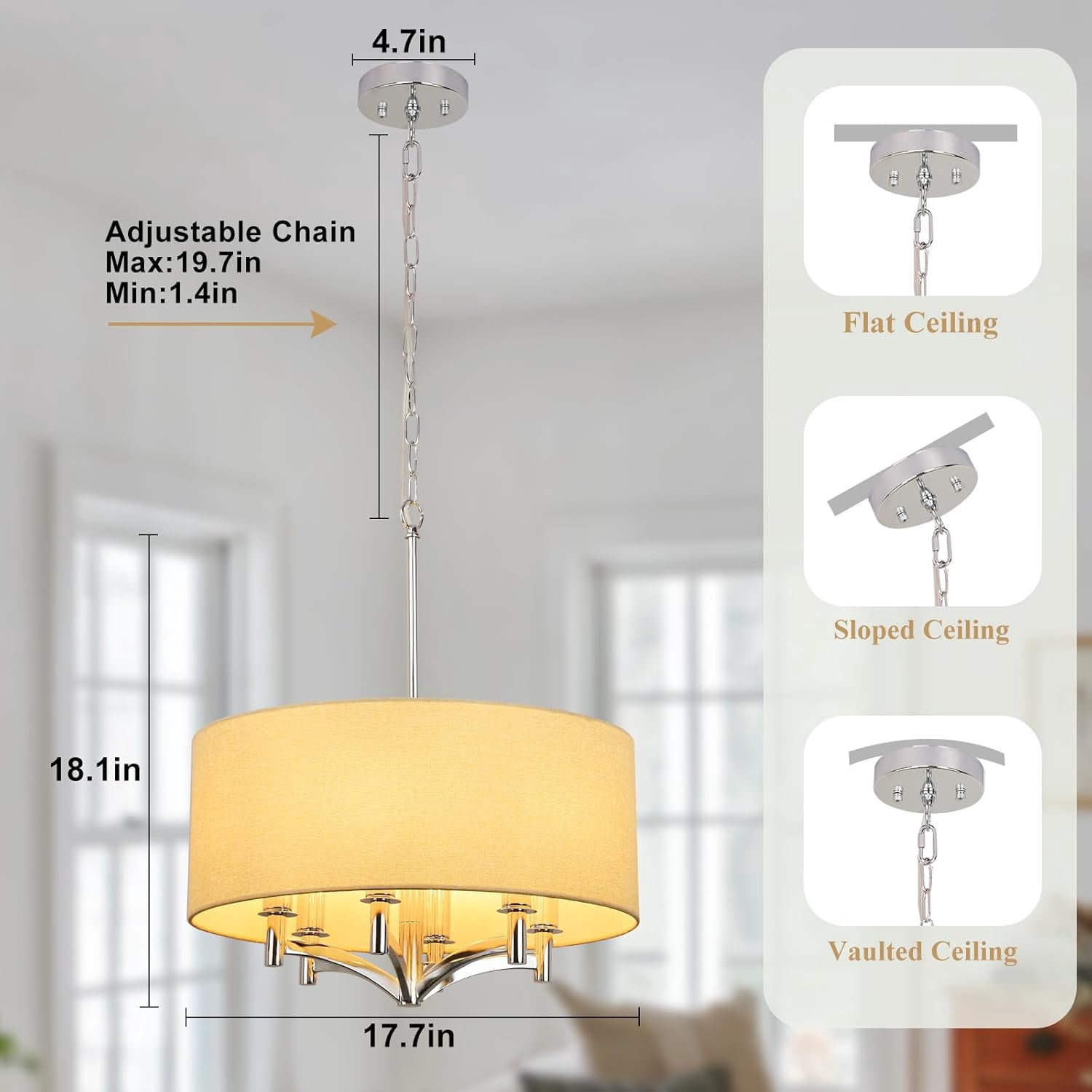 DingLiLighting 6 Light Flush Mount Ceiling Light Drum Pendant Light Brown Fabric Ceiling Light Fixture for Living Room, Dining, Bedroom, Kitchen, Hallway