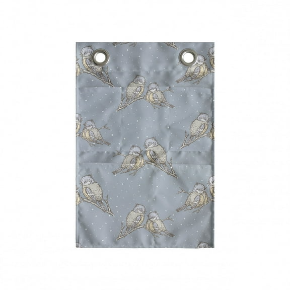 Polka Dots Hanging Pocket Organizer, Little Titmouse Birds on Tree Branches Pastel Winter Season Friendship, Printed Polyester Storage Bag with Pockets, 14" x 20", Blue Grey and Dust