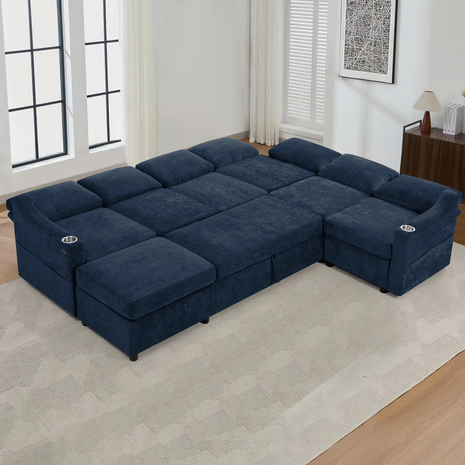 ACMEASE 116 Inches Chenille Sectional Couch w/Adjustable Backrests & Ottoman, Convertible U Shape Sleeper Sofa w/USB Ports, Modular Corner Sofa w/Pull-Out Bed & Storage Space for Living Room, Blue