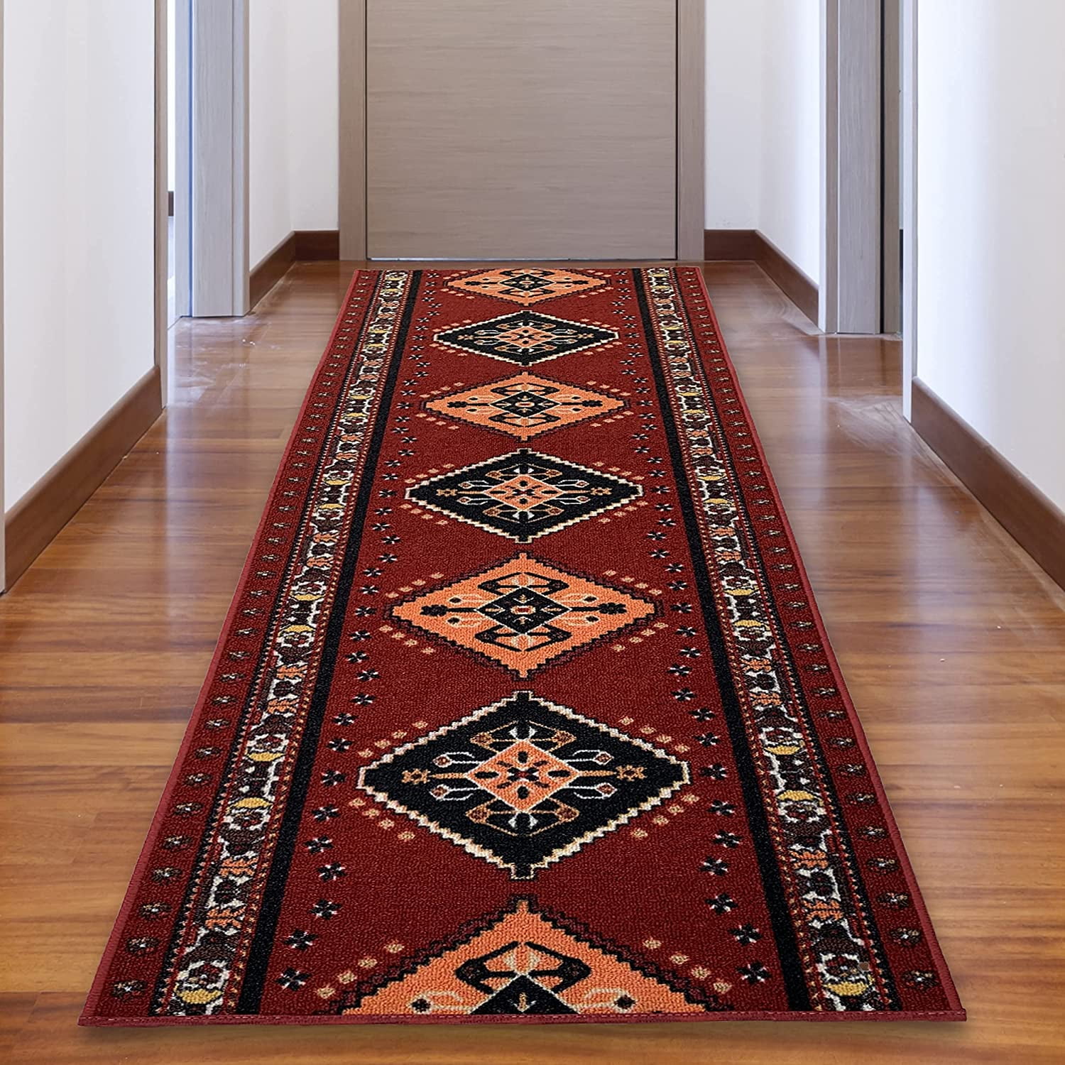 Runner Rug for Hallway Southwestern Burgundy Color 26 Inch or 31 Inch Wide by Your Length Choice Slip Resistant Rubber Backing Stain Resistant Pile Stair Runner