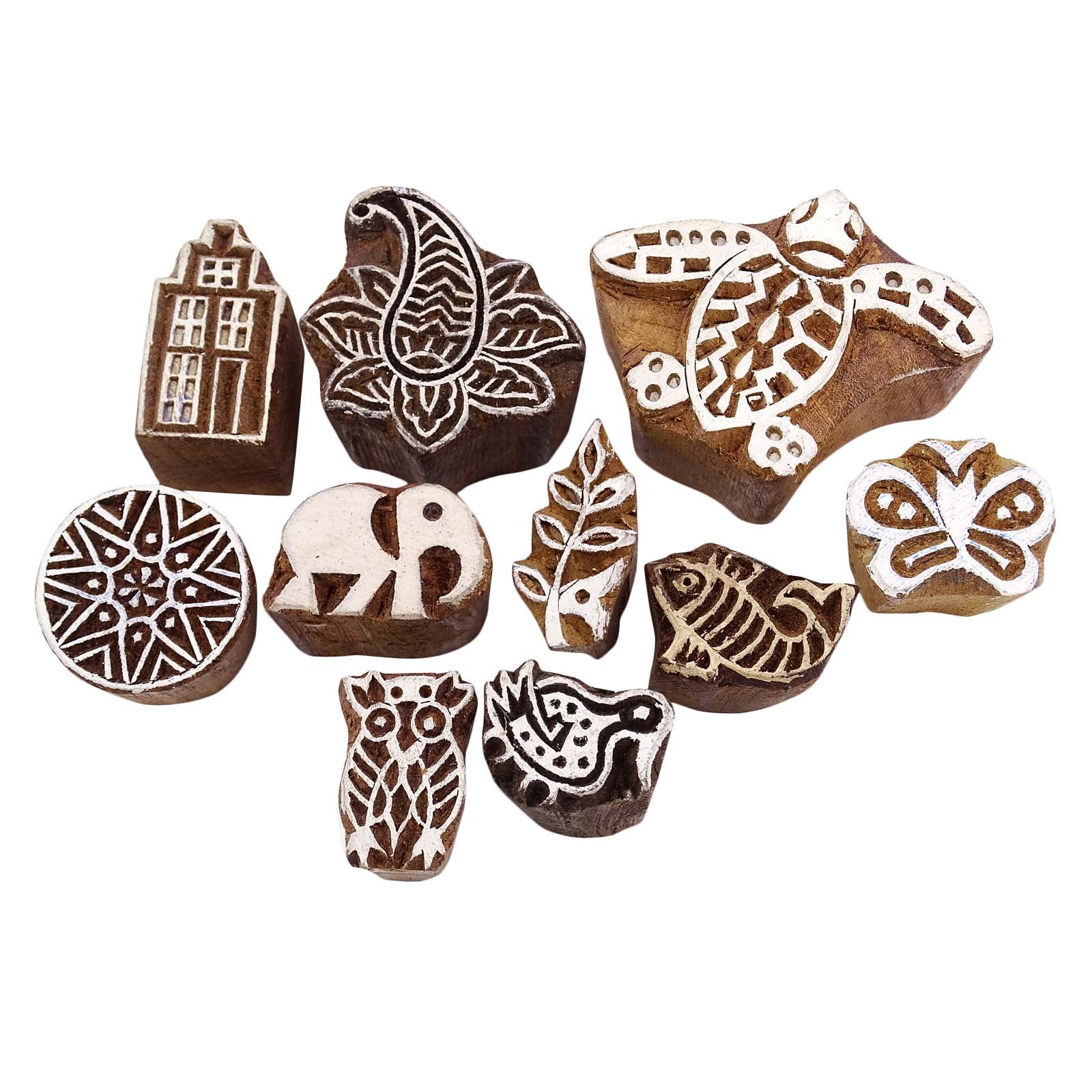 Decorative Block Hand Carved Indian Wood Block Art Textile Stamp Lot Of 10 Pieces