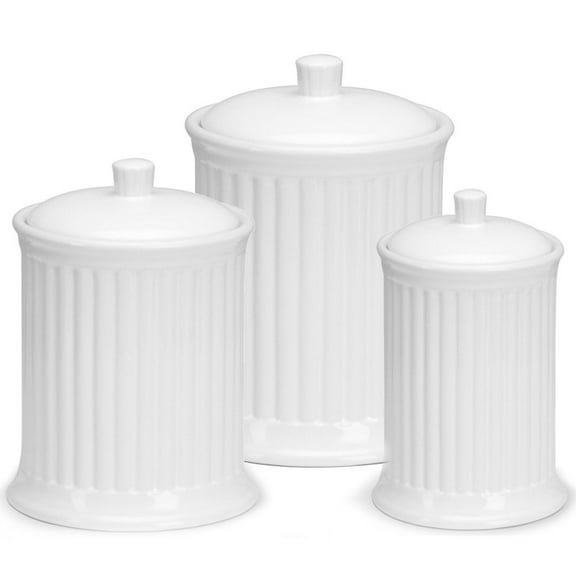 Omniware Simsbury 3-Piece Canister Set - Stoneware Kitchen Storage with Silicone-Sealed Lids, Lead-Free Glaze & Dishwasher Safe - Rustic Farmhouse-Style Flour & Sugar Containers (White)