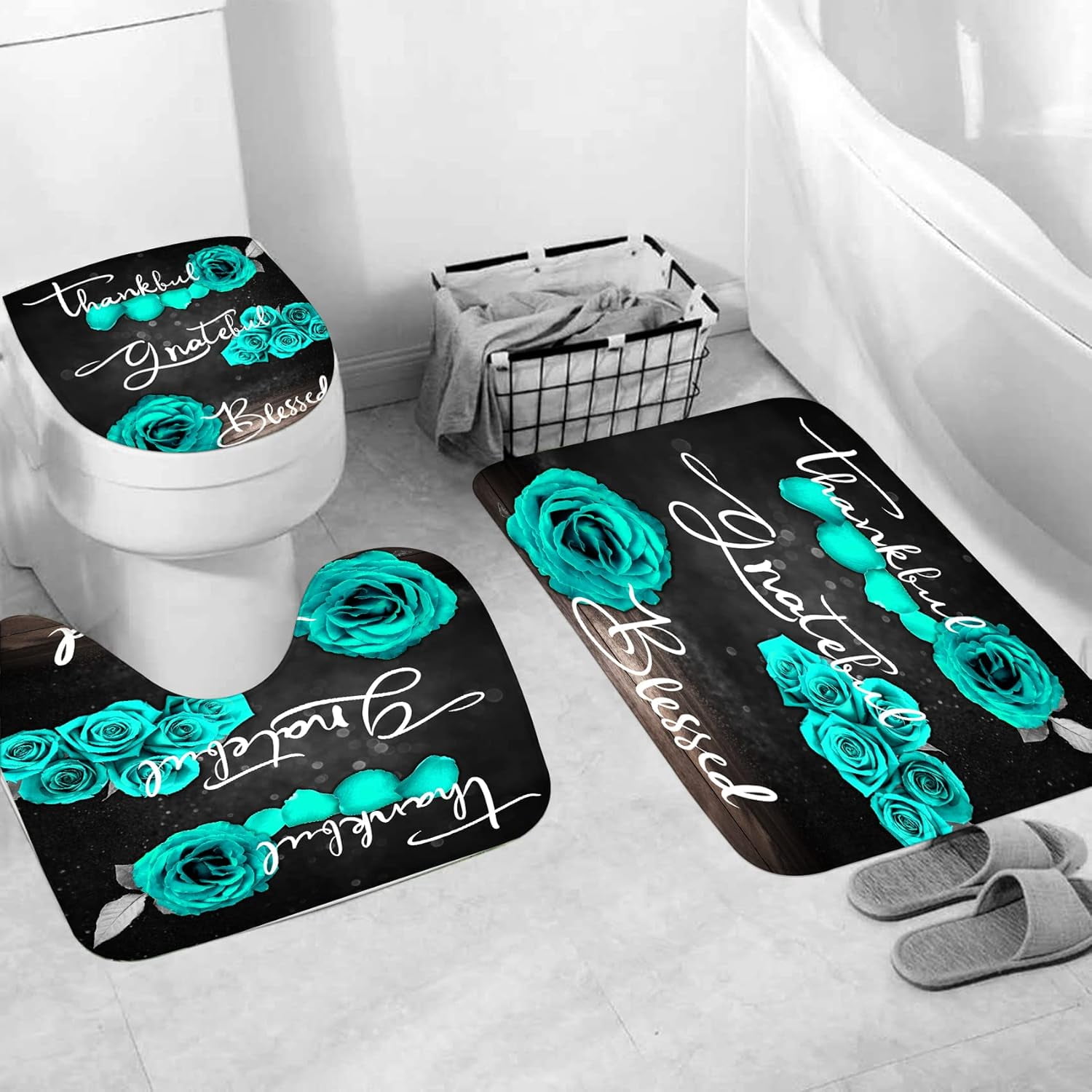 Teal Rose Shower Curtain Set, Thankful Grateful Blessed Turquoise Bathtub Curtain with Non-Slip Rug, Toilet Lid Cover, Bath Mat and 12 Hooks, Romantic Green Floral Bathroom Decor