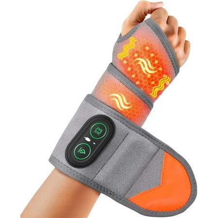 cordless wrist heating pad with massage, wrist massager with heating for carpal tunnel relief, rechargeable heated wrist brace with 3 heatings, 3 vibrations, wrist wrap relief,gray
