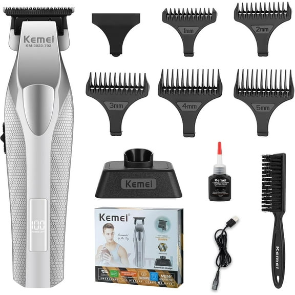 KEMEI 3023-702 Hair & Beard Trimmer for Men, 9000 RPM Zero Gapped Trimmers for Barbers with Full Metal Body, Professional Hair Clippers with LED Display, Ceramic and DLC Blades
