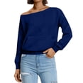 thumbnail image 5 of Womens Off Shoulder Sweatshirt Long Sleeve Basic Pullover Tops with Pocket 2026 Fall Fashion Oversized Sweatshirts Blue 2XL, 5 of 7