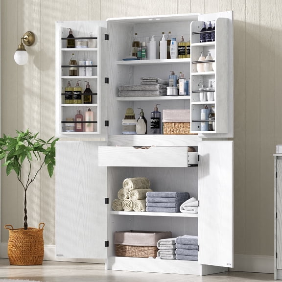 72" Tall Farmhouse Kitchen Pantry Cabinet with 8 Door Shelves, Curved Design Storage Cabinet with 3 Adjustable Shelves and Hidden Drawer, Versatile Cupboard for Kitchen, Dining, Bathroom, White