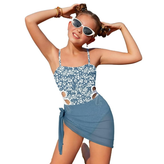 Kiijoy Girls Floral Cutout One-Piece Swimsuit Cover Up Beach Bathing Suits, Sizes 9-10