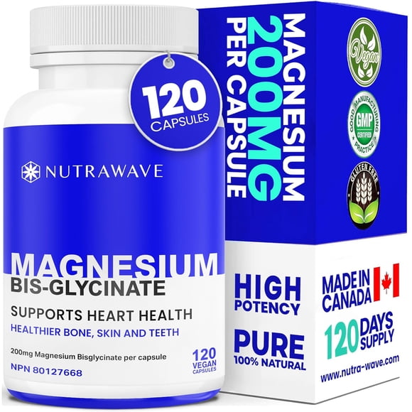 Nutrawave Magnesium Bisglycinate 200 mg – High Absorption Magnesium Supplement for Sleep, Calm & Muscle Support, Bone & Heart Health, 120 Vegan Capsules, Non-GMO, Gluten-Free