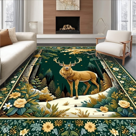 ODIKA 4'x6' Machine Washable Non-Slip Area Rug, Deer Wildlife Floor High Traffic Rug, Gold, 89450