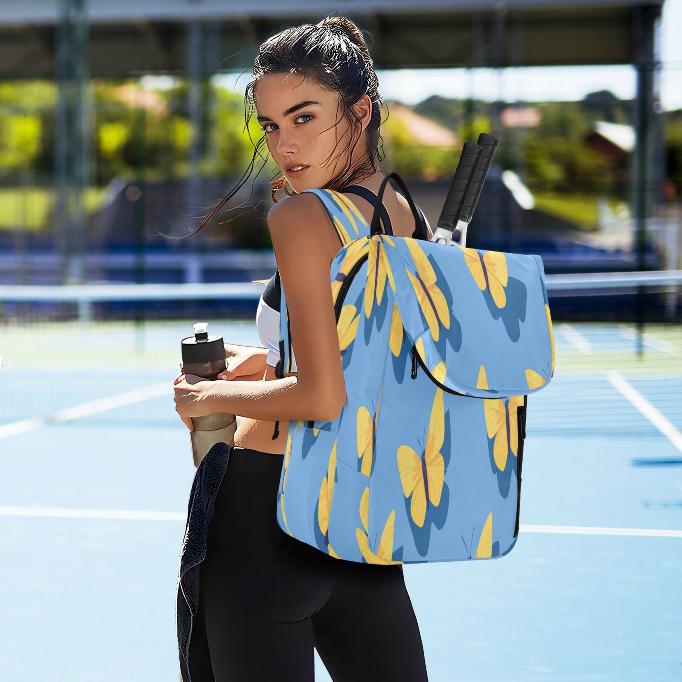 2 Racquet Holder Tennis Backpack Tennis Racket Covers Gym Bags Yellow Butterflies