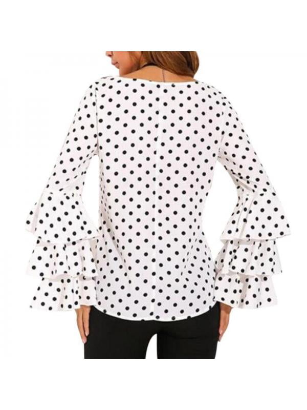 Hurrg Womens Long Flare Sleeve Round Neck Polka Dot T-Shirt Top Blouse