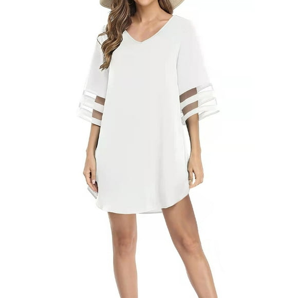 Qarigey Vestido informal para mujer, traje de baño, manga acampanada, corte en A, escote en V profundo, ropa de playa, de Color sólido Vestidos Blanco XXL