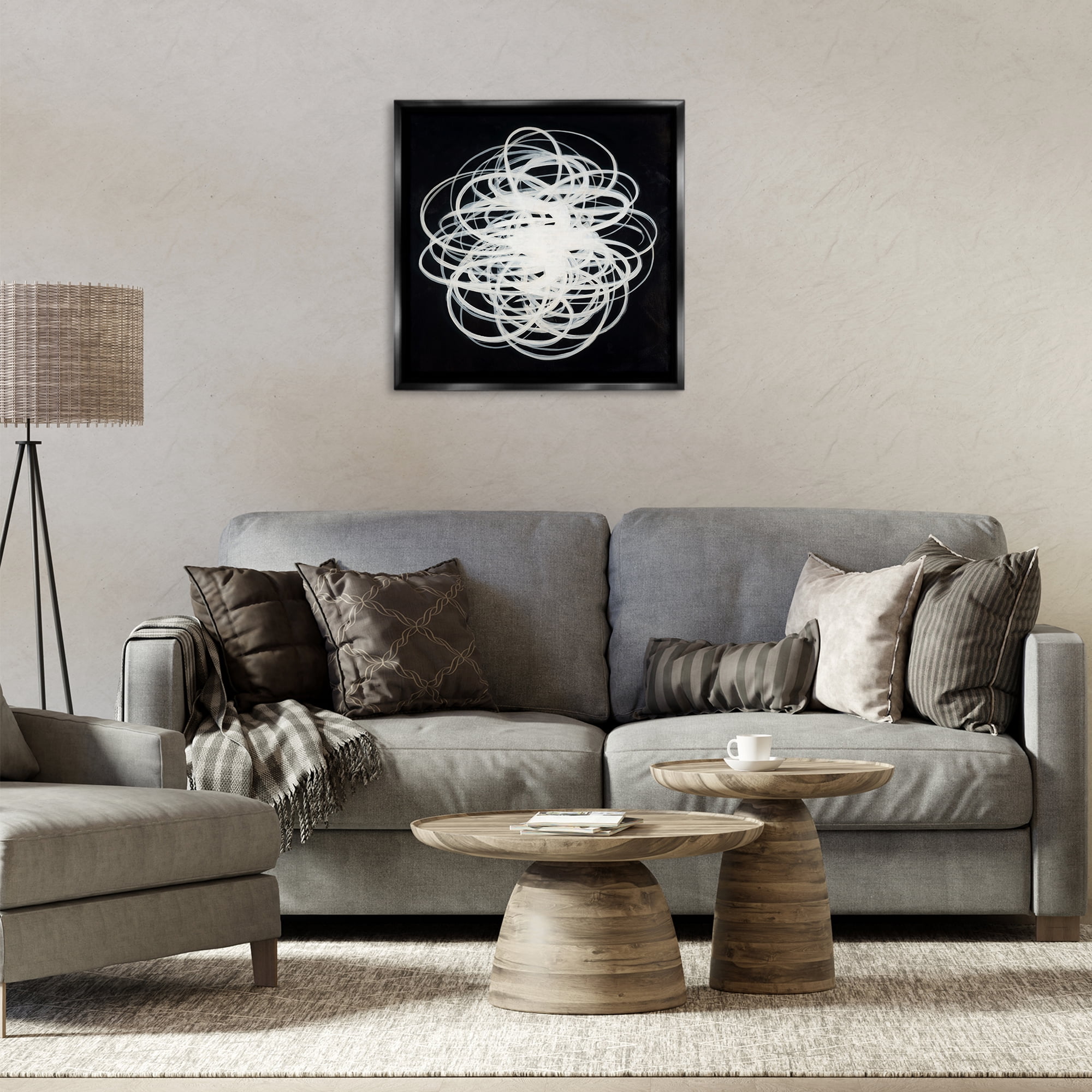 Stupell Industries Chaotic Scribble on Black Abstract Painting Black Floater Framed Canvas Art Print Wall Art, 25 x 25