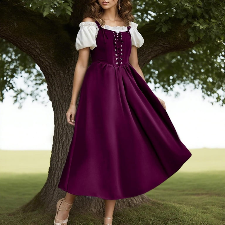 Qolati Renaissance Dress Women Lace Up Cottagecore Sleeveless Long Dress Vintage Corset High Waisted Flowy Victorian Medieval Halloween Dresses Purple