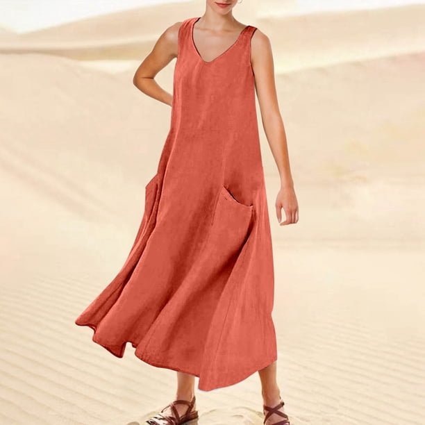 WILLBEST Vestido Corto De Verano Para Mujer, Color Liso, Sin Mangas, Cuello En V, Elegante, Holgado, Informal, Largo, Con Bolsillos, Cómodo Y Elegante Para Uso Diario.