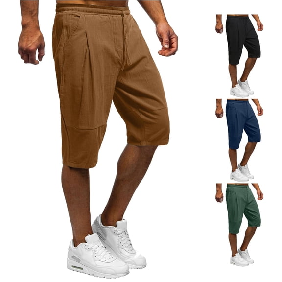 LiuXxxx Men's Summer Casual and Fashionable Solid Patchwork Cotton and Linen Shorts Brown M