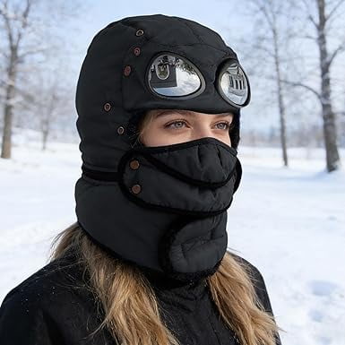 Winter Thermal Trapper Hat with Goggles & Face Mask, Full Coverage Pilot Style Ski Hat for Men & Women – Windproof Cold Weather Hat for Skiing(1pcs-black)