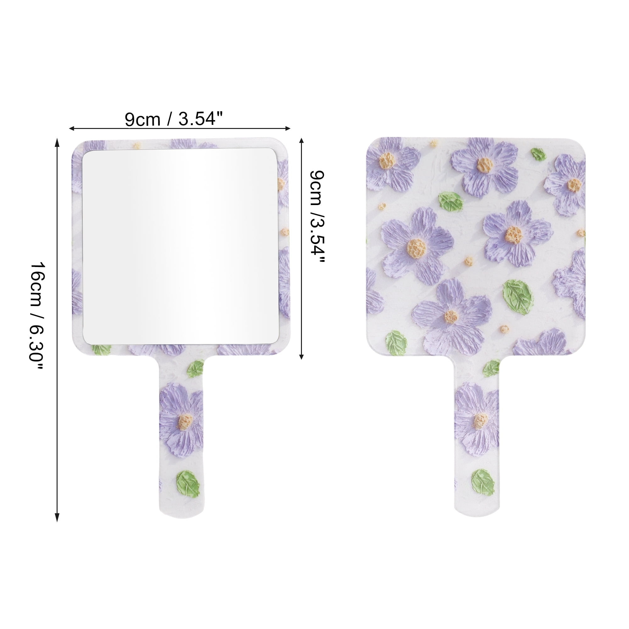Unique Bargains 1 Pc Women Floral Square Handheld Mirror for Business Travel Purple White